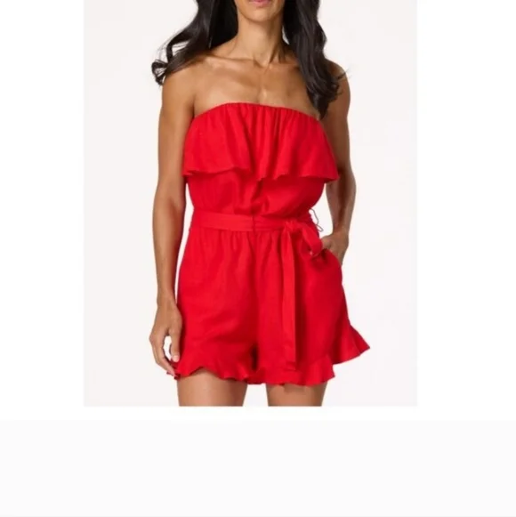 Bright Red Strapless Linen Blend Romper - Picture 3 of 5